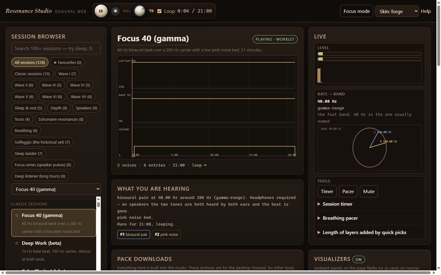 A session playing: the session browser, the schedule graph, the live panel and the phase wheel