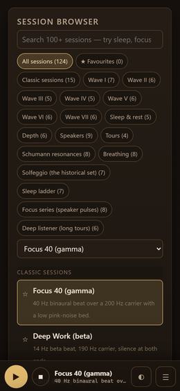 Resonance Studio on Android — the session browser and the player bar