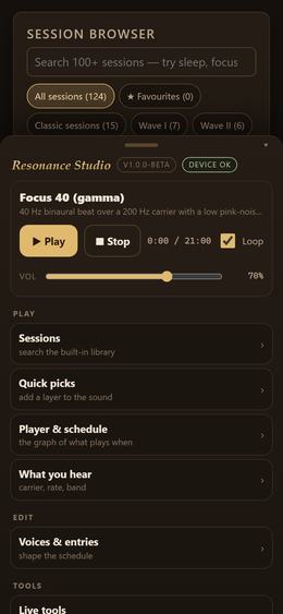 Resonance Studio on Android — the menu: sessions, tools, files and the quick guide